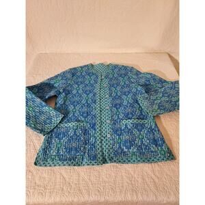 Quilted Reversible Jacket Cotton Block Print Women's S Cruise Wear Blue Tones